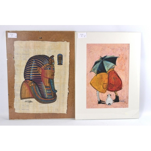 284 - Pair of prints, one Egyptian sarcophagus and other Sarah Tait of a couple with umbrella and a dog