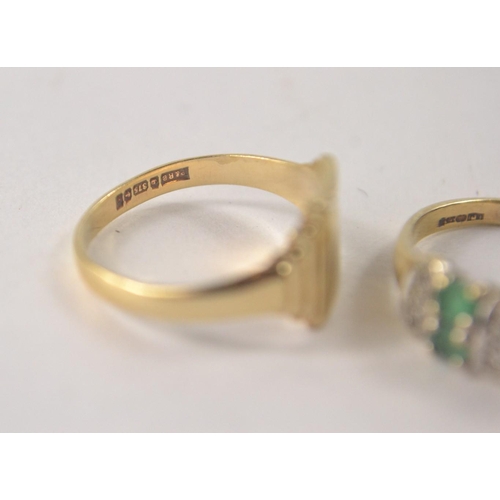 30 - A 375 stamped Yellow gold vintage green and white stone Ring size 2g Gross also a 375 stamped Signet... 