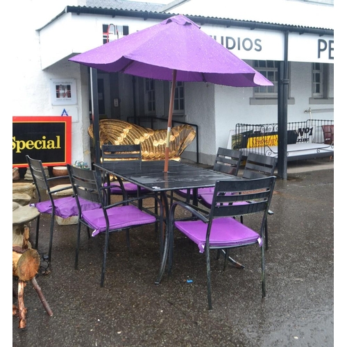 343B - A 6 ft approx garden table ( metal) with 6 matching armchairs with purple fetching seat pads with pa... 