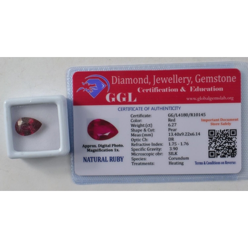 25 - RUBY Colour Red, Weight 6.27 ct, Shape and cut Pear, 13.40mm x 9.22mm x 6.14mm, Optic Ch DR, Refract... 