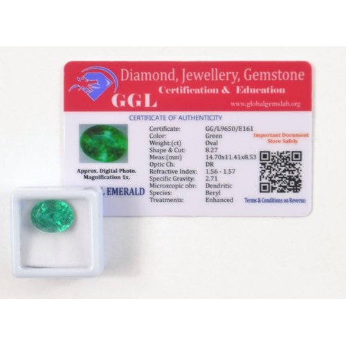 29 - Heat treated oval-cut Emerald with certificate weight 8.27ct with certificates of authenticity