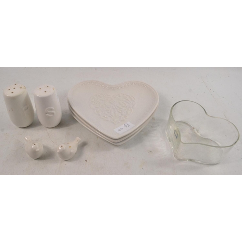 291 - LOVE HEART & SALT N PEPPER Lot!Three white ceramic love heart shaped small side plates from NEXT 16c... 