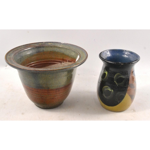 295 - Studio Pottery plant pot 14cm Height with matching pottery saucer and smaller colourful pottery vase... 