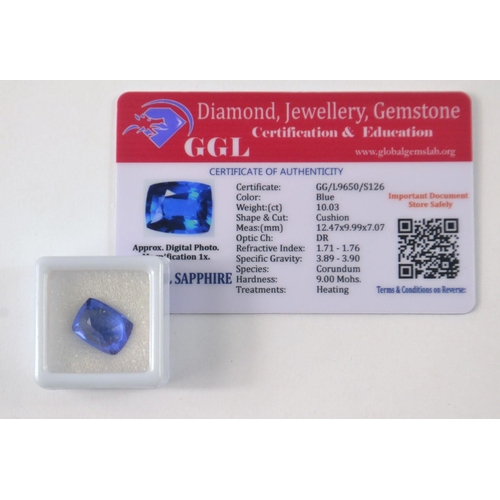 30 - Cushion cut blue Sapphire 10.03ct. Has been heat treated