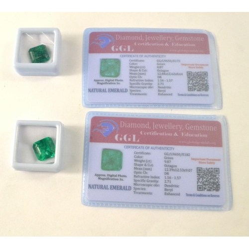 37 - Heat treated Octagon-cut Emerald with certificate weight 8.87ct and another Octagon-cut Emerald 9.87... 