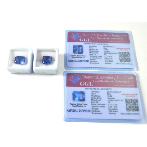 39 - Heat treated Octagon cut Sapphire 10.42ct with certificate and another Emarald cut  Sapphire 10.82ct... 