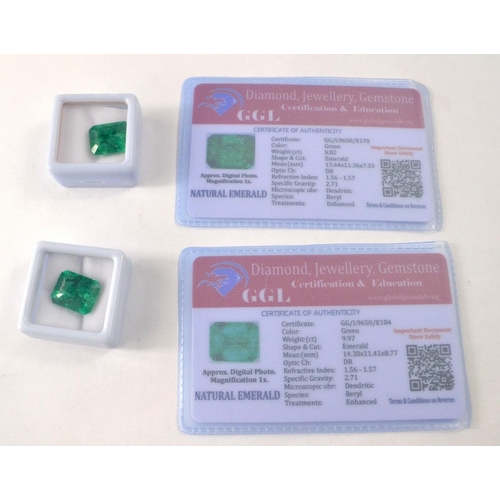 40 - Heat treated emarald -cut Emerald with certificate weight 8.82ct and another emerald-cut Emerald 9.9... 