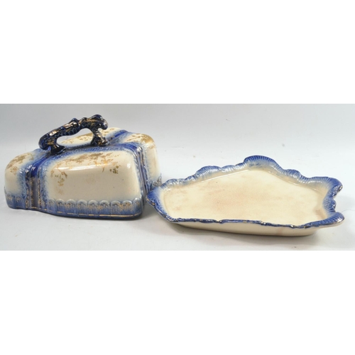 111 - Antique blue and white with some gilding stoneware cheese lidded dish