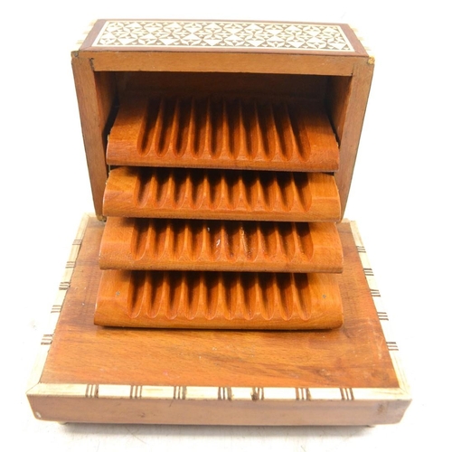 122 - An EGYPTIAN musical handmade tiered cigarette box with inlaid mother of pearl etc