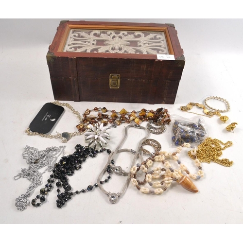 50 - A really SUBSTANTIAL wooden and glass patterned inset jewellery box with some nice costume jewellery... 