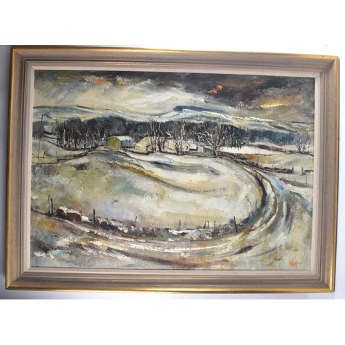 122 - JAMES WATT Scottish b1931- 'Winter Duchal Mains' oil on canvas signed WATT bottom right 70cm x 100cm... 