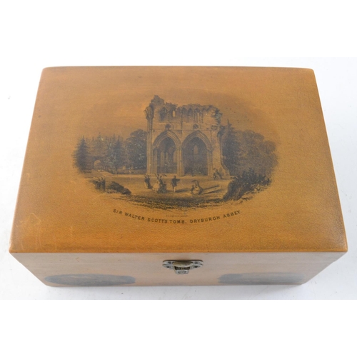 127 - BEAUTIFUL VINTAGE !! MAUCHLINE WARE treen box showing DRYBURGH ABBEY, FLOORS CASTLE and KELSO made f... 