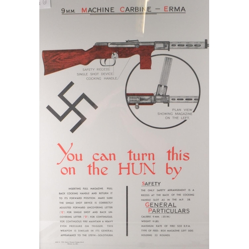 195 - Two framed Posters depicting WW2 Machine Gun Instructions eg MG15 SOLUTHORN and a 9mm Machine Carbin... 