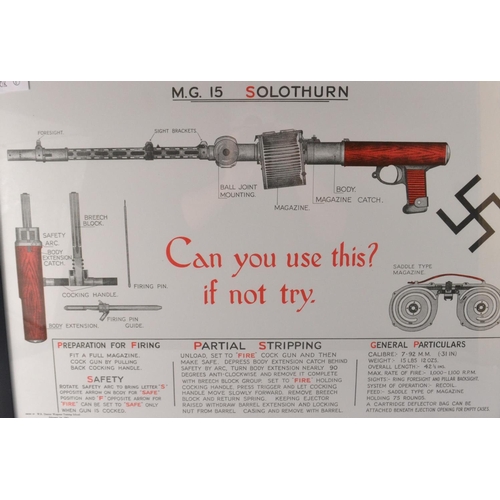 195 - Two framed Posters depicting WW2 Machine Gun Instructions eg MG15 SOLUTHORN and a 9mm Machine Carbin... 