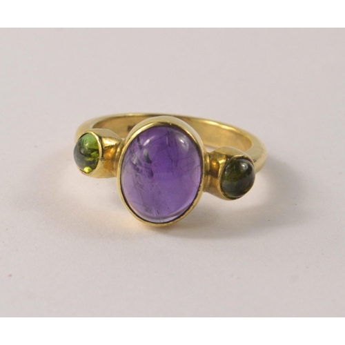 35 - Hallmarked 18ct gold, Edinburgh 2004 Three stone dress ring to include amethyst and green tourmaline... 