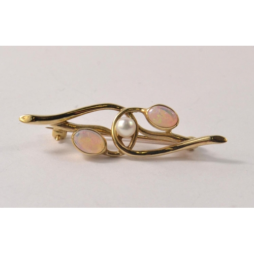 47 - OPAL & PEARL brooch Hallmarked 9ct gold London 1997 with two oval cabouchon opals measuring 6mm x 4m... 