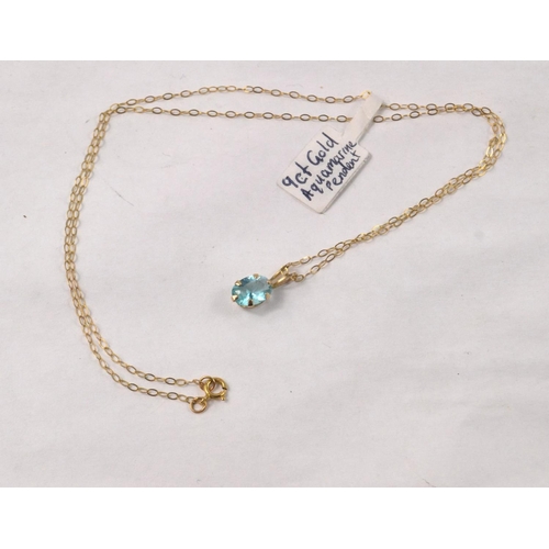 62 - 375 stamped gold link necklace with 9k stamped pendant set with aquamarine in presentation case