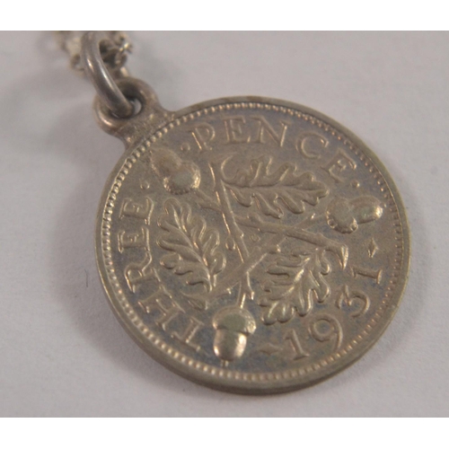 88 - Silver 925 stamped necklace with 1931 three pence pendant