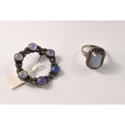 94 - A STUNNING blue agate and marcasite ring [size L ] with a blue agate and marcasite brooch