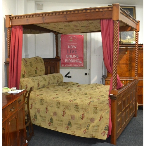 87 - FABULOUS! FOUR POSTER BED A Queen sized antique pine effect four poster bed to include mattress and ... 