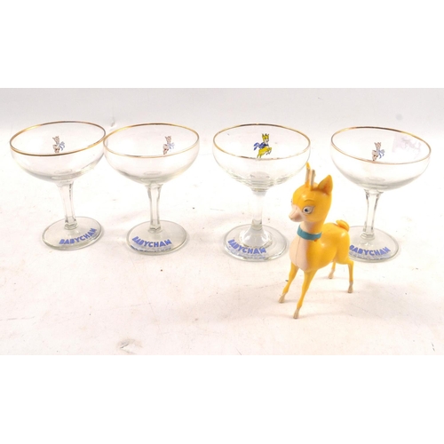 39 - VINTAGE BABYCHAM glasses and a BABYCHAM promotional DEER! - AMUST HAVE IN ANY DRINKS CABINET!!