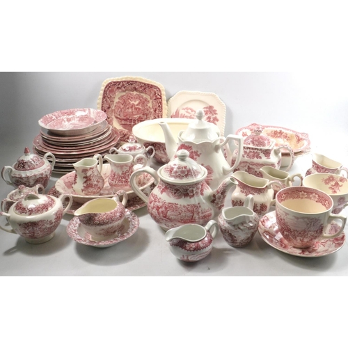 47 - Large collection of some antique and some more modern pink and white willow pattern crockery some MA... 