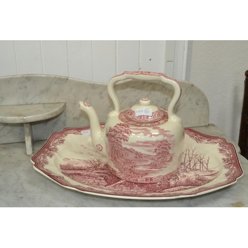 48 - Antique and more modern pink and white willow pattern ironstone over-sized teapot 24cm height x  26c... 