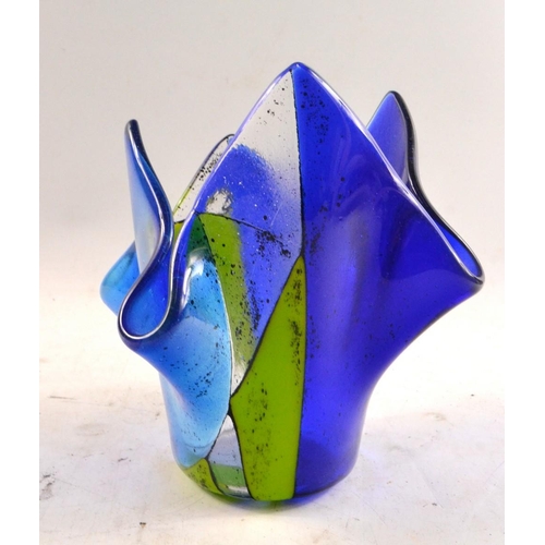 49 - SIGNED studio glass ( signature indistinct) blue/ green COLOURED GLASSWARE open vase 17cm Height