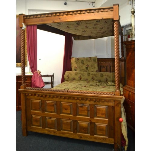 87 - FABULOUS! FOUR POSTER BED A Queen sized antique pine effect four poster bed to include mattress and ... 