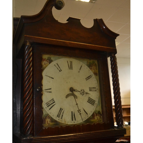 128 - Grandfather clock with hand painted face with pendulum and weight - requires service but lovely old ... 