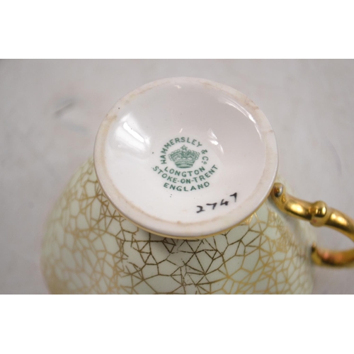 17 - An 8 cup 7 saucer HAMMERSLEY LONGTON tea set with pastel green background and gilt pattern overlay N... 