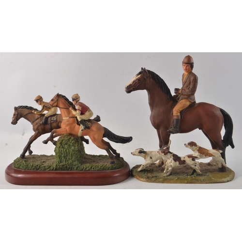 18W - Two horse themed figurines, no names on bases, one a hunting scene, the other a horse racing theme, ... 