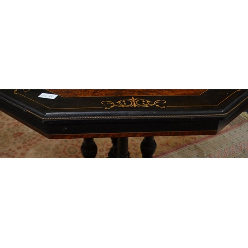 25 - EXCEPTIONAL QUALITY! VICTORIAN OCTAGONAL EBONY & WALNUT inlay table, with a brass bead edge standing... 