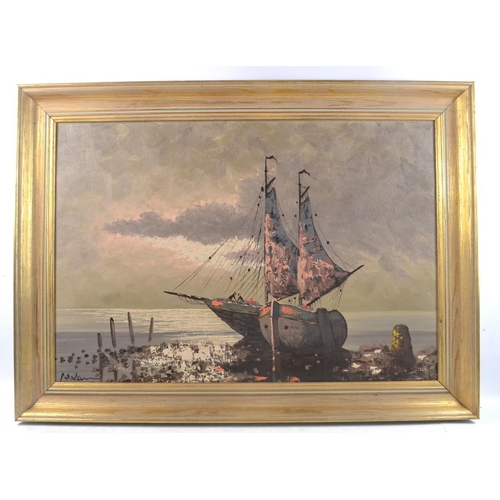 32A - An oil painting c1950s of a ship in full sail harboured artist signature indistinct