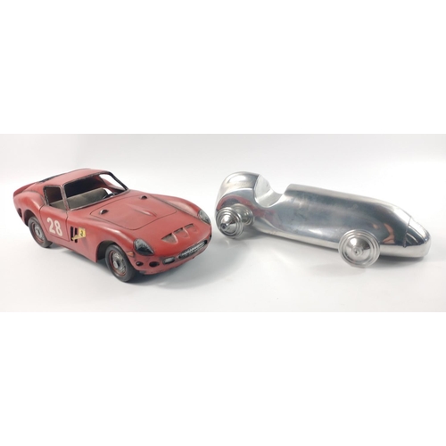 153 - Collectable VINTAGE STYLE MODEL CARS. Aluminium (?) racing car approx. 33cm long and a well-loved Fe... 