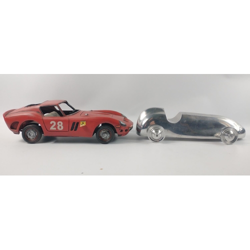 153 - Collectable VINTAGE STYLE MODEL CARS. Aluminium (?) racing car approx. 33cm long and a well-loved Fe... 