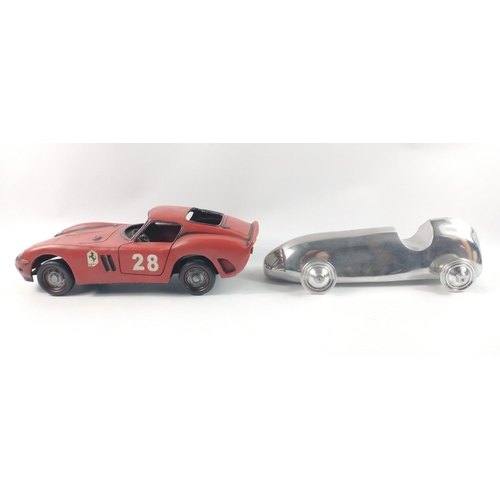 153 - Collectable VINTAGE STYLE MODEL CARS. Aluminium (?) racing car approx. 33cm long and a well-loved Fe... 