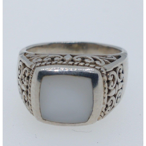 16 - Large Gent's style ring set with Opaline stone and scrolling shoulders. Size U, comes in ring box#35... 