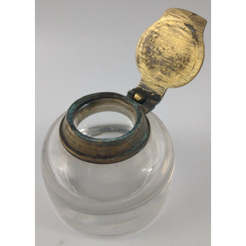 202 - Vintage GLASS INK WELL with brass lid. An object with some weight to it.#243