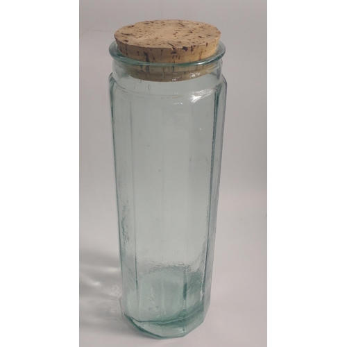 208 - GREEN GLASS spaghetti jar standing approx. 30cm tall with cork lid.#250