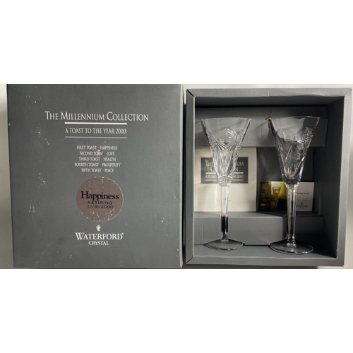 212 - WATERFORD CRYSTAL THE MILLENNIUM COLLECTION TWO LARGE CHAMPAGNE FLUTES in original gifting box. Engr... 