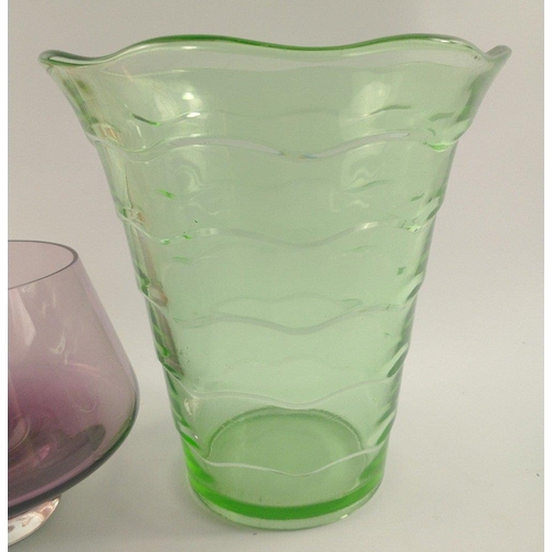 217 - Vintage coloured glassware to include a peach-coloured pressed glass vase with insert - unusual and ... 