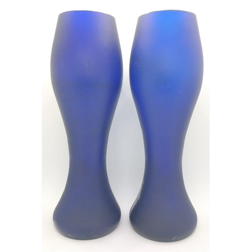 220 - Pair of opaque blue vases with metallic floral design (approx. 18cm high)#265
