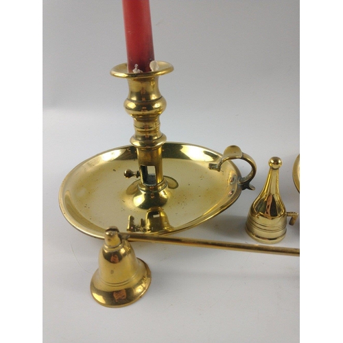 223 - Pair of brass Wee Willie Winkie candle sticks and a brass candle snuffer with wooden handle#268