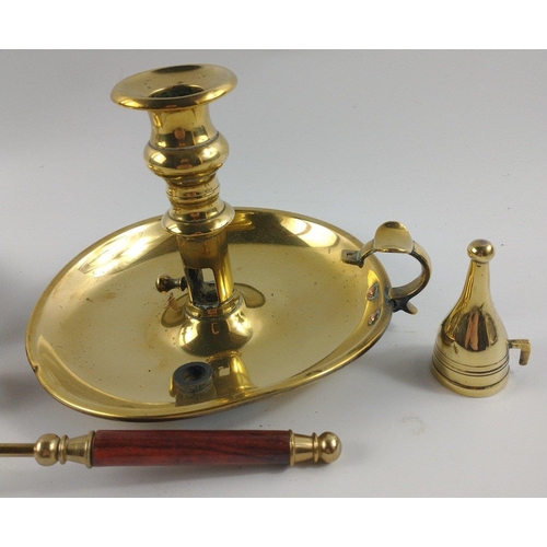 223 - Pair of brass Wee Willie Winkie candle sticks and a brass candle snuffer with wooden handle#268