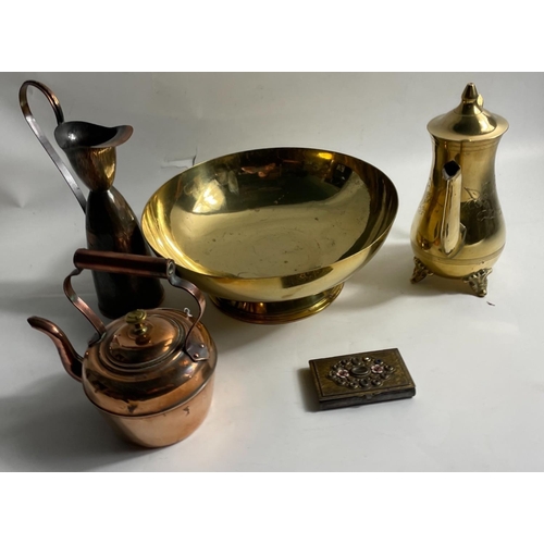223C - Mixed metal collection to include Middle Eastern coffee pot standing approx. 20cm, a brass bowl 25cm... 