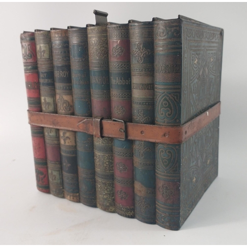 223G - A wee VINTAGE style tin storage tin in the form of leather strap bound' set of library books 15cm t... 