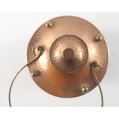 229 - A VINTAGE copper framed green-bottle lantern style lamp with carry handle and wind up MUSICAL base#2... 