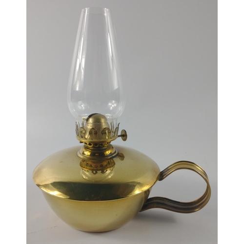 231 - Lovely little OIL LAMP with brass-effect base, approx. 22cm high, chip out of base of chimney.#290... 