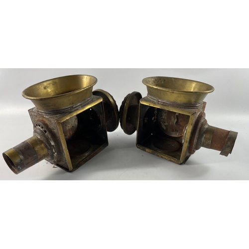 232B - A pair of ORIGINAL19th century coach lamps with brass fittings, both require a piece of side fitting... 